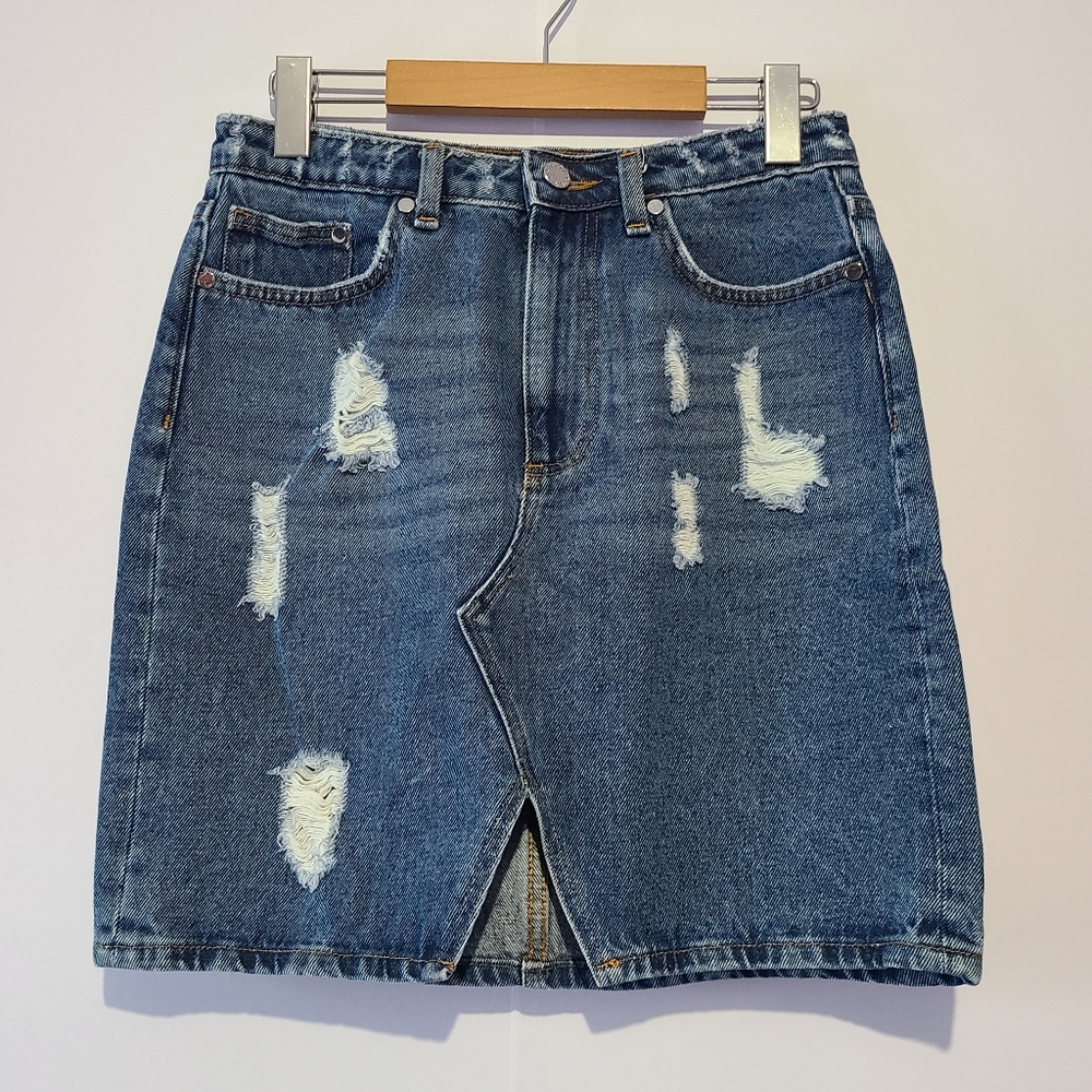 H&M blue distressed denim casual preppy y2k mini skirt pockets sz 6 Festival